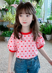 Casual Pink O Neck Print Cotton Kids Girls T Shirt Summer