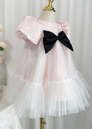 Casual Pink O-Neck Ruffled Bow Tulle Girls Maxi Dresses Summer