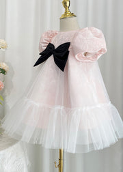 Casual Pink O-Neck Ruffled Bow Tulle Girls Maxi Dresses Summer