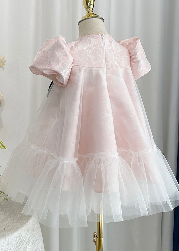 Casual Pink O-Neck Ruffled Bow Tulle Girls Maxi Dresses Summer