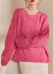 Casual Pink O-Neck Thick Cotton Knit Sweaters Spring