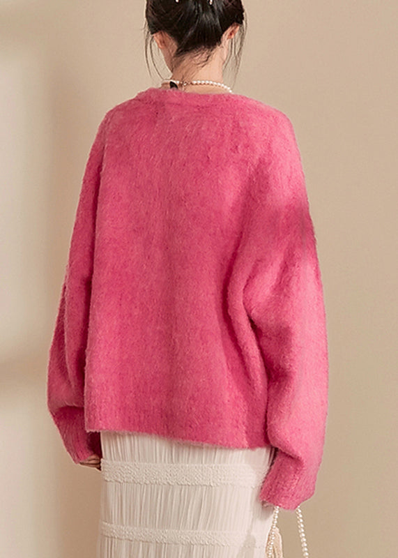 Casual Pink O-Neck Thick Cotton Knit Sweaters Winter