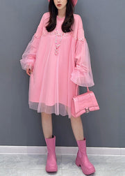 Casual Pink O Neck Tulle Patchwork Cotton Mid Dresses Fall