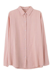 Casual Pink Peter Pan Collar Cotton Shirt Long Sleeve