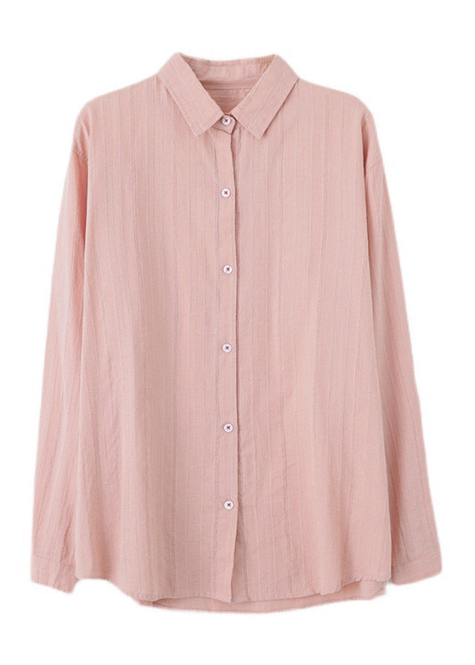 Casual Pink Peter Pan Collar Cotton Shirt Long Sleeve