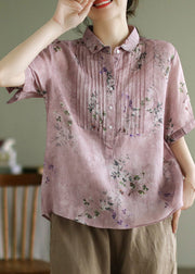 Casual Pink Peter Pan Collar Print Button Linen Shirts Short Sleeve