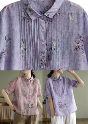 Casual Pink Peter Pan Collar Print Button Linen Shirts Short Sleeve