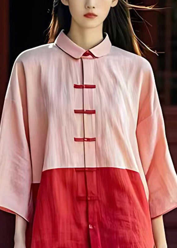 Casual Pink Peter Pan Collar Side Open Button Shirt Half Sleeve