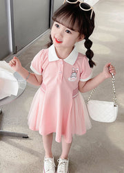 Casual Pink Peter Pan Collar Tulle Patchwork Cotton Kids Girls Dress Summer