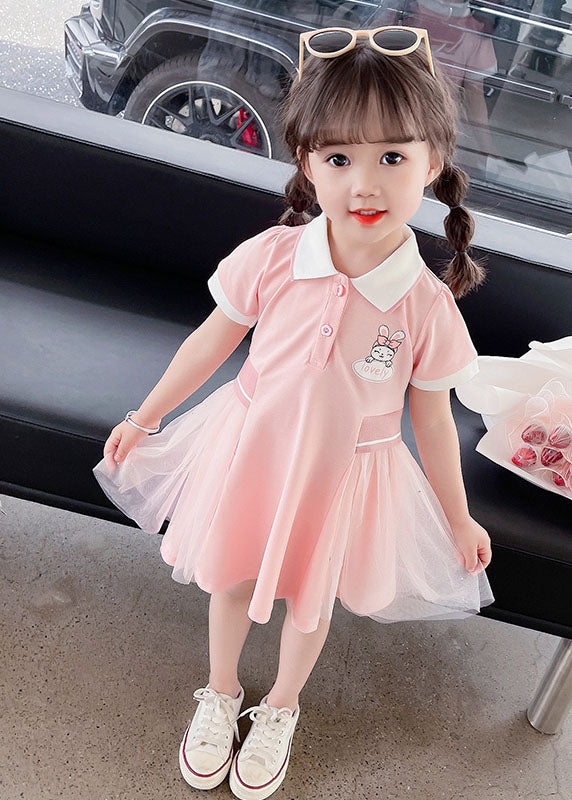 Casual Pink Peter Pan Collar Tulle Patchwork Cotton Kids Girls Dress Summer