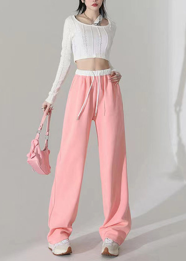 Casual Pink Pockets Elastic Waist Cotton Straight Pants Spring