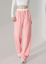 Casual Pink Pockets Elastic Waist Cotton Straight Pants Spring