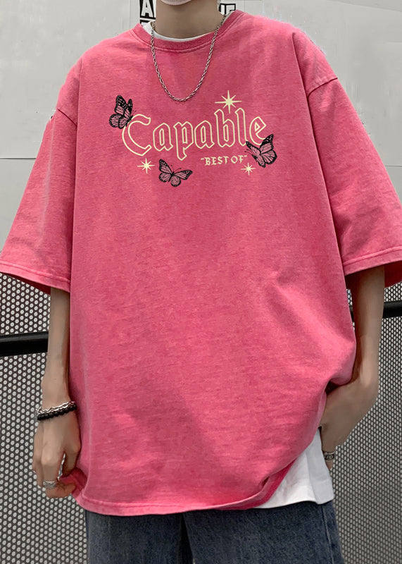 Casual Pink Print Loose Cotton Mens T Shirts Half Sleeve