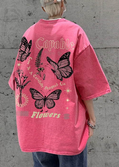 Casual Pink Print Loose Cotton Mens T Shirts Half Sleeve