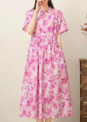 Casual Pink Print Ruffled Patchwork Drawstring Silk Linen Long Dress Short Sleeve