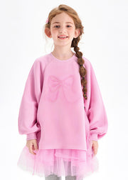 Casual Pink Print Tulle Patchwork Girls Long Pullover Dress Spring