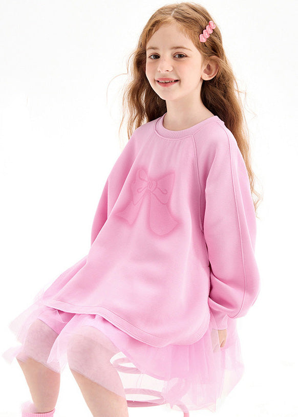 Casual Pink Print Tulle Patchwork Girls Long Pullover Dress Spring