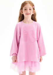 Casual Pink Print Tulle Patchwork Girls Long Pullover Dress Spring