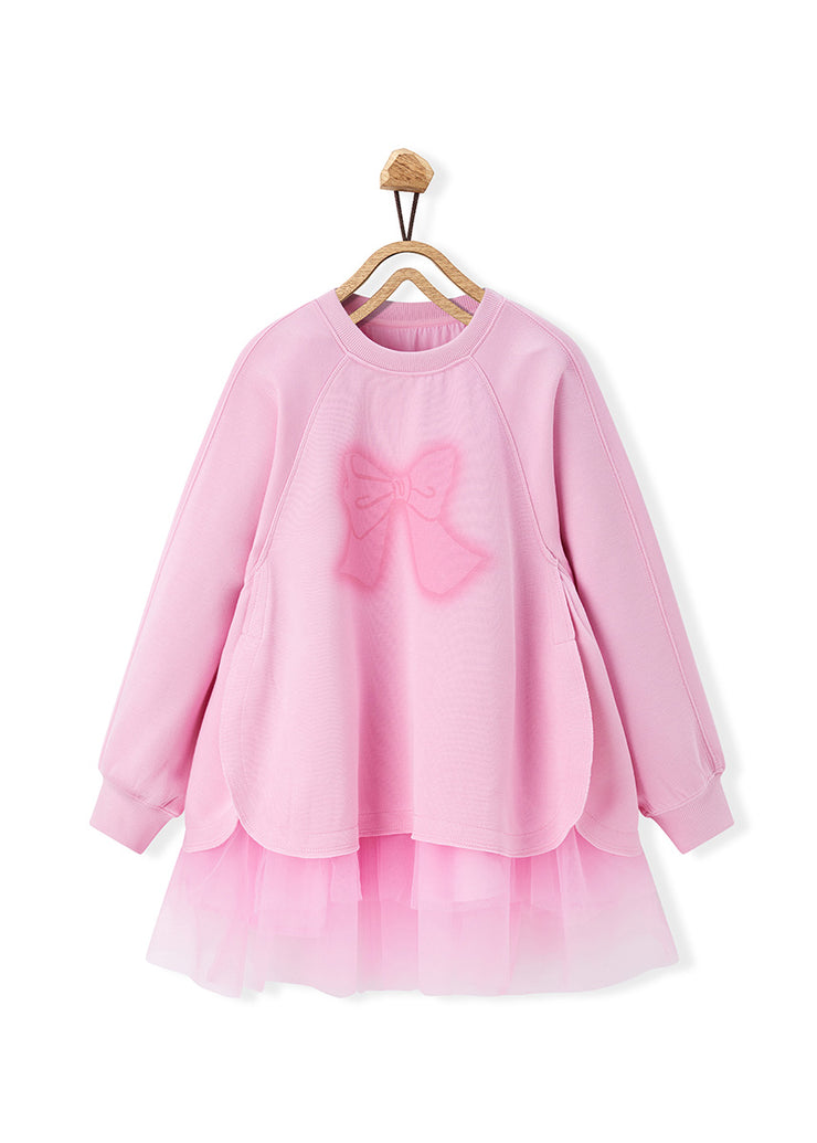 Casual Pink Print Tulle Patchwork Girls Long Pullover Dress Spring