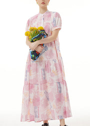 Casual Pink Stand Collar Patchwork Maxi Dress Summer Short Sleeve