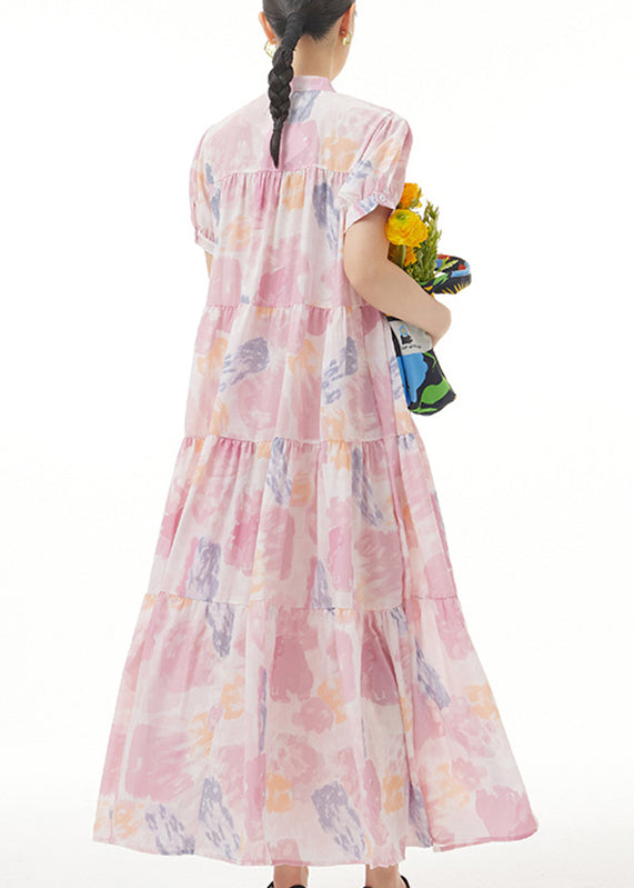 Casual Pink Stand Collar Patchwork Maxi Dress Summer Short Sleeve