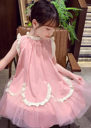 Casual Pink Stand Collar Tulle Patchwork Wrinkled Girls Maxi Dresses Summer