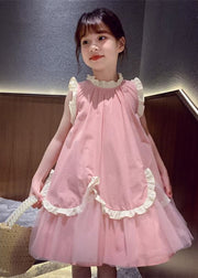 Casual Pink Stand Collar Tulle Patchwork Wrinkled Girls Maxi Dresses Summer