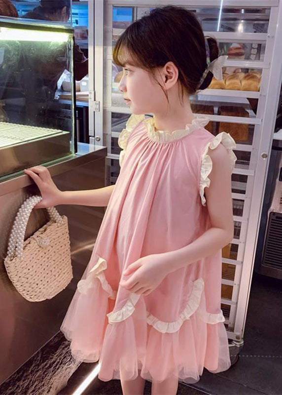 Casual Pink Stand Collar Tulle Patchwork Wrinkled Girls Maxi Dresses Summer