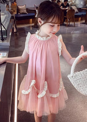 Casual Pink Stand Collar Tulle Patchwork Wrinkled Girls Maxi Dresses Summer