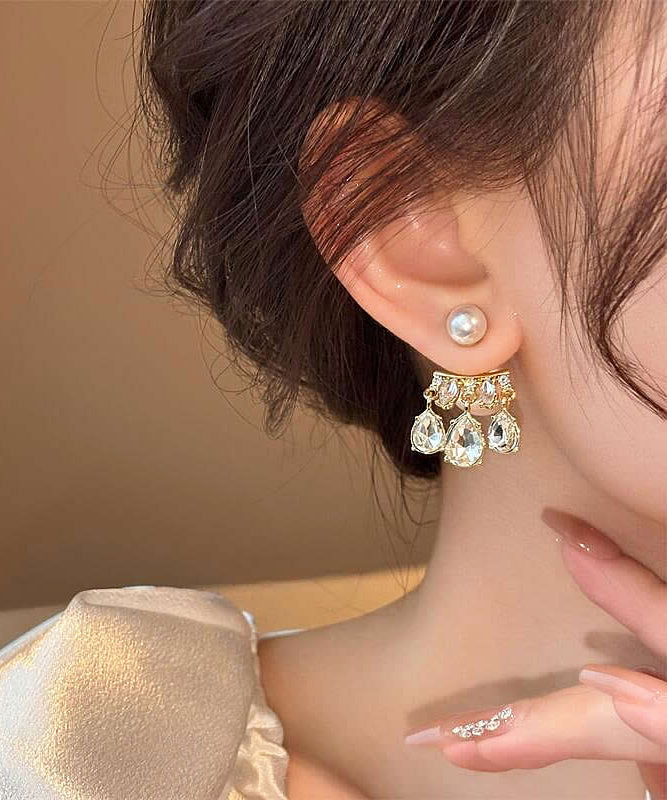Casual Pink Sterling Silver Inlaid Crystal Pearl Tassel Stud Earrings