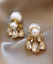 Casual Pink Sterling Silver Inlaid Crystal Pearl Tassel Stud Earrings