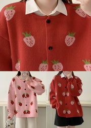 Casual Pink Strawberry Floral Cotton Knit Sweaters Coats Fall