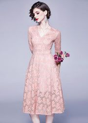 Casual Pink V Neck Exra Large Hem Lace Dresses Bracelet Sleeve