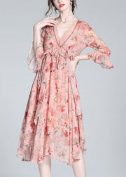 Casual Pink V Neck Print Tie Waist Silk Long Dresses Spring