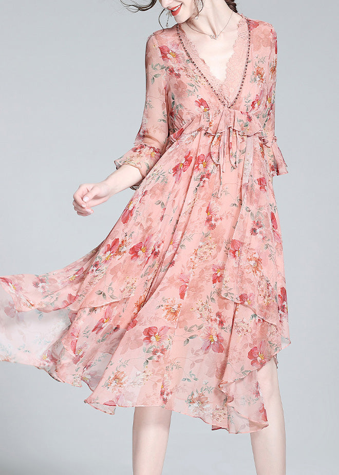 Casual Pink V Neck Print Tie Waist Silk Long Dresses Spring