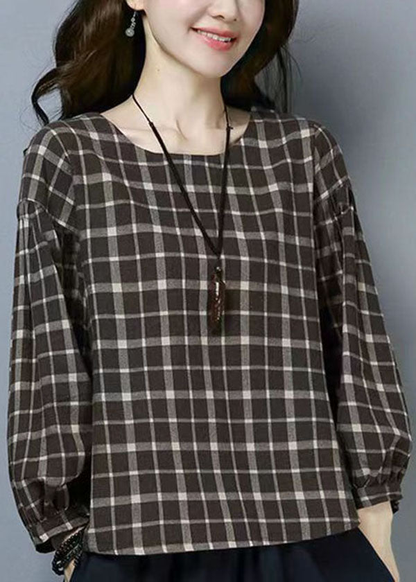 Casual Plaid O Neck Patchwork Cotton T Shirts Tops Long Sleeve