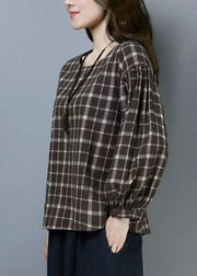 Casual Plaid O Neck Patchwork Cotton T Shirts Tops Long Sleeve