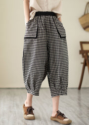 Casual Plaid Pockets Elastic Waist Patchwork Cotton Crop Pants Summer