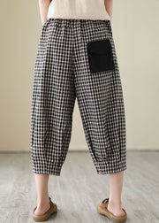 Casual Plaid Pockets Elastic Waist Patchwork Cotton Crop Pants Summer