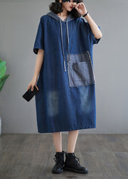 Casual Plus Size Blue Hooded Patchwork Denim Dress Summer