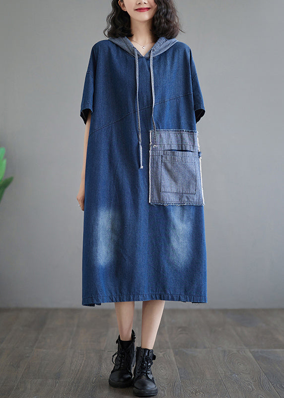 Casual Plus Size Blue Hooded Patchwork Denim Dress Summer