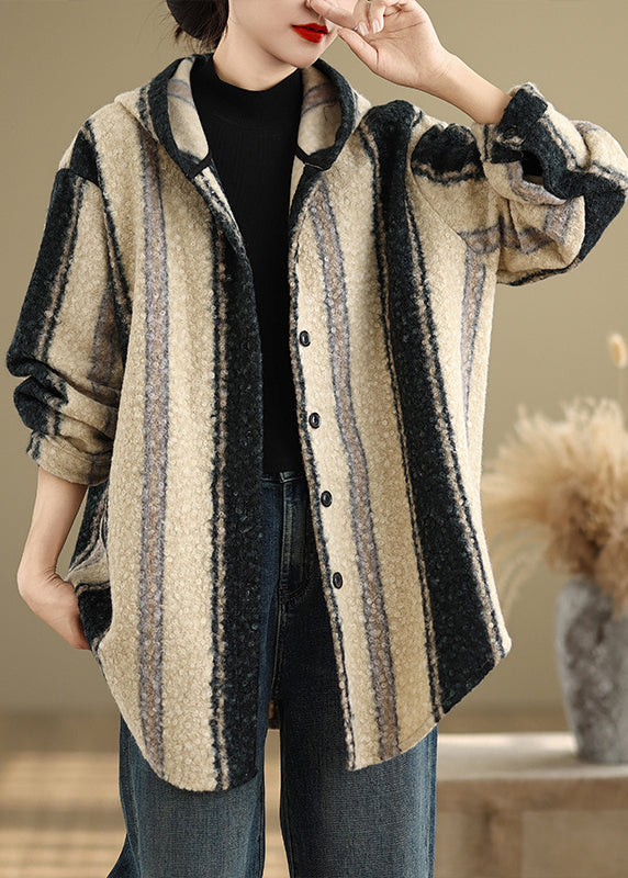 Casual Plus Size Striped Woolen Hoodie Coat Spring