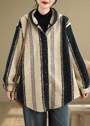 Casual Plus Size Striped Woolen Hoodie Coat Spring