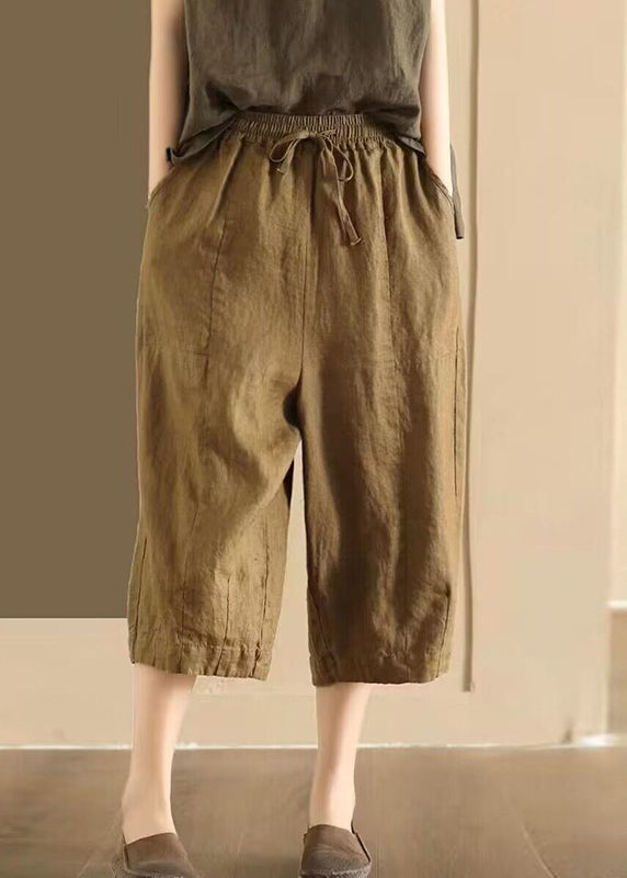 Casual Pockets Elastic Waist Linen Crop Pants Summer