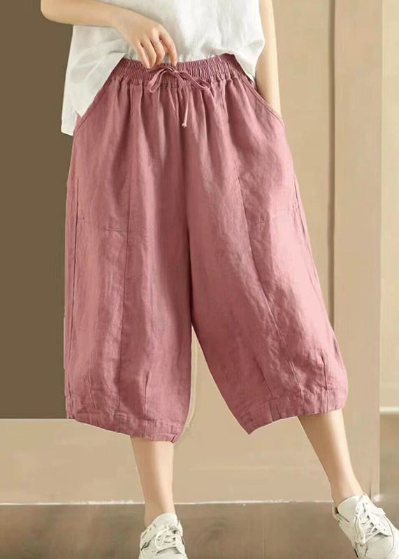 Casual Pockets Elastic Waist Linen Crop Pants Summer