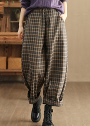 Casual Pockets Plaid Elastic Waist Warm Fleece Trousers Spring