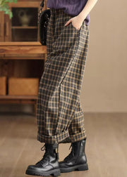 Casual Pockets Plaid Elastic Waist Warm Fleece Trousers Spring