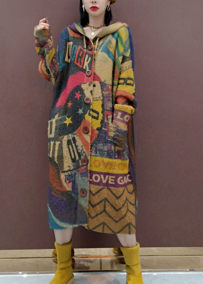 Casual Print Button Maxi Knitted Cotton Thread Hooded Sweater Coat Fall