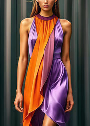 Casual Purple Asymmetrical Patchwork Silk Holiday Dress Summer