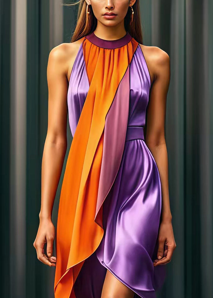 Casual Purple Asymmetrical Patchwork Silk Holiday Dress Summer